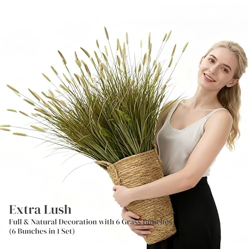 37 inches Extra Lush Artificial Reed Grass (6pcs), Luxury Fake Tall Plants with 14 Heads Dogtail Flower, Luxury Faux Tall Greenery with Dogtail for Garden Porch and Home Decor (Yellow-14) - color: Yellow-14, size: 37 inches