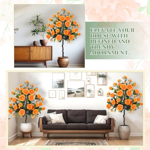 Lunmon 2 Pack 4ft Artificial Camellia Plants Tree without Vase 48" Faux Camellia Flower with Spike UV Resistant Realistic Fake Floral Blooming Bush for Outdoor Front Door Porch Backyard Garden, Orange - color: Orange, size: 4 ft