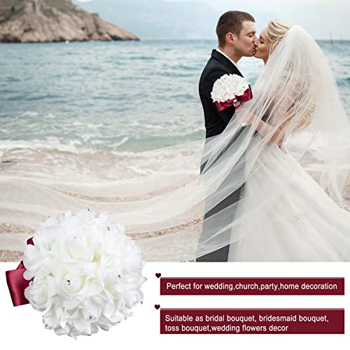 Burgundy Wedding Bouquet for Bride Bridesmaid Toss Bouquet Crystals Silk Rose Bridal Bouquet for Wedding Party (Burgundy White) - color: Burgundy +White