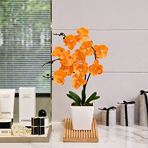 15" Tall Artificial Silk Phalaenopsis Orchid Flower Plant Pot Arrangements (Orange) - color: Orange