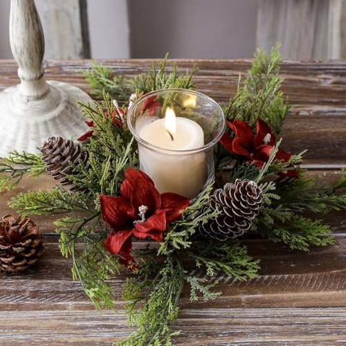 Christmas Candle Rings Xmas Small Wreath for Pillars Artificial Red Flowers Pine Cone Candle Rings 9.8” Rustic Gift Farmhouse Table Centerpiece Home Winter Decor