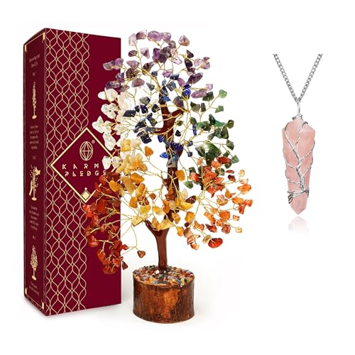 7 Chakra Healing Crystal Tree with Rose Quartz Crystal Necklaces Gifts for Women, Positive Energy, Wealth, Success, Meditation, Home & Office Decor, Spiritual Birthday Gifts for Mom and Loved one, - color: Wooden Base 7 Chakra Tree With Rose Pendant