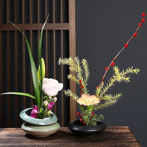 Ikebana Vase Kit Ceramic Flower Frog Vase with Stainless Kenzan Flower Frog Vase Flower Arrangement Pot for Floral Displays Moss & Hydroponic Plants Zen Decor Gift (Ge Kiln Small Size) - color: Ge Kiln Small Size
