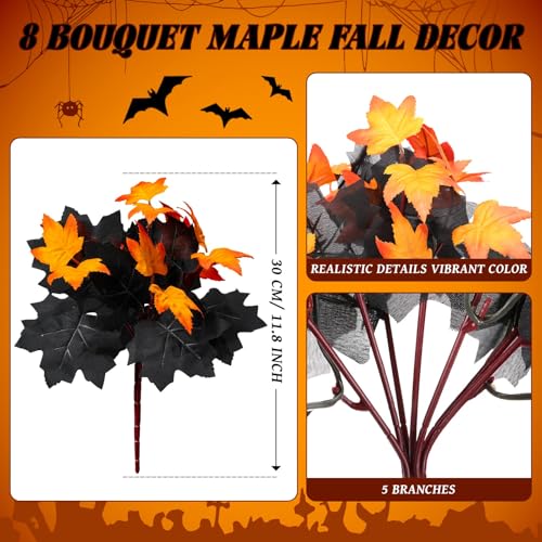 XunYee 8 Pcs Halloween Black Maple Leaves Branches Halloween Flowers Artificial Fall Autumn Leaves Stems Bouquet for Thanksgiving Holiday Floral Arrangement Table Centerpiece Home Decor