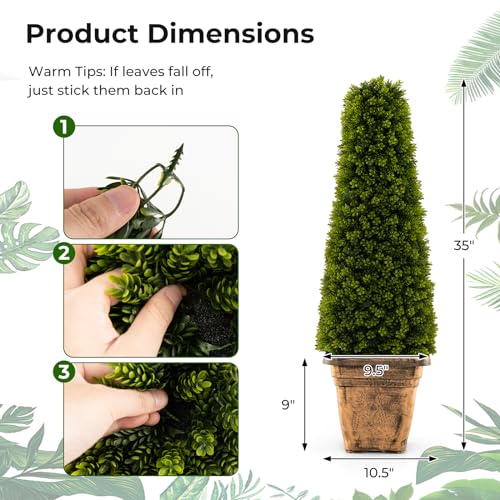 Goplus 3ft Artificial Boxwood Topiary Tree, 2 Pack Cone-Shaped Faux Potted Plants with Cement Flowerpot, Fake Evergreen Artificial Topiary for Indoor Outdoor Home Front Porch Decor