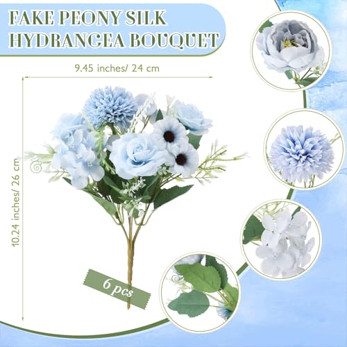 Tigeen 6 Bundles Artificial Bouquet Flowers Artificial Peonies Faux Roses Hydrangea Flowers Bouquet for Wedding Table Centerpiece Floral Vase Decor (White,Blue) - color: White,blue