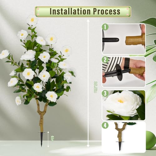 35.5" Artificial Camellia Tree Set of 2, White Faux Flower Tree, UV Resistant Fake Greenery with Ground Spike for Indoor Outdoor Front Door Home Garden Decor - color: Camellia