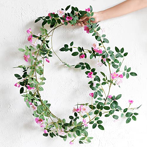 FiveSeasonStuff Fuchsia Pink Wild Rose Vine Garland, Two Faux Silk Floral Garlands with Greenery, Bendable Decorative Vines 12 ft Total - color: Fuchsia Pink
