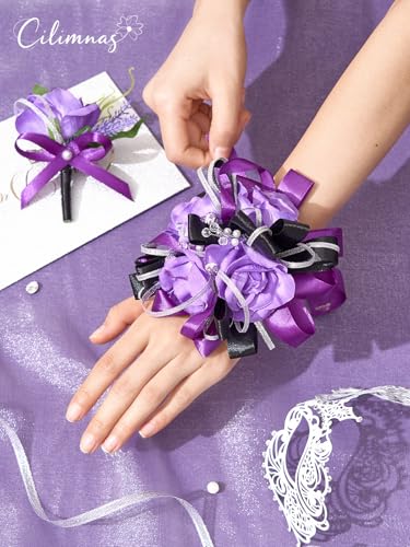 Prom Corsage and Boutonniere Set Purple,Artificial Silk Rose Wrist Corsage for Homecoming, Formal Dance Party, Wedding,Graduation,Anniversary - color: Purple