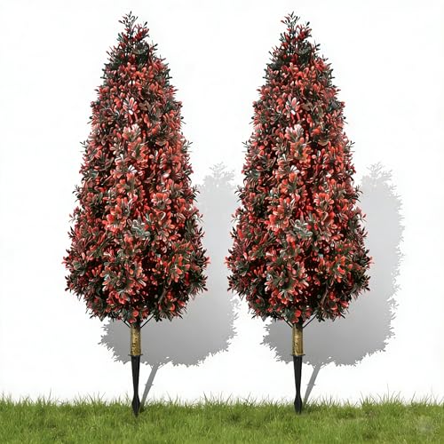 Faux Boxwood Topiaries Trees, 3.3FT Ste 2 Artificial Plants with Spikes Outdoor, Red Fake Topiary Realistic Bushes, UV Resistant Greenery for Indoor, Planter Front Porch Office Spring Decor-Red