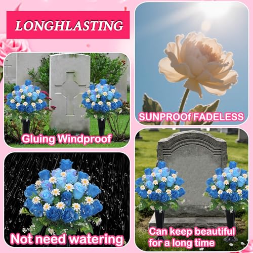 Wocst Artificial Cemetery Flowers for Grave Memorial Day Flowers for Cemetery,2Pack Artificial Silk Roses Daisy Bouquets with Cemetery Vases for Outdoor Grave Decorations ﻿ (Blue) - color: Blue