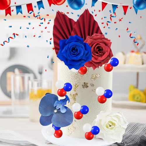 37Pcs Flower Cake Topper Palm Leaves Ball Boho Cake Decorations Artificial Rose Flower Cupcake Cake Insert Topper for Wedding Birthday Party Decoration Supplies (Blue Red) - color: Blue Red