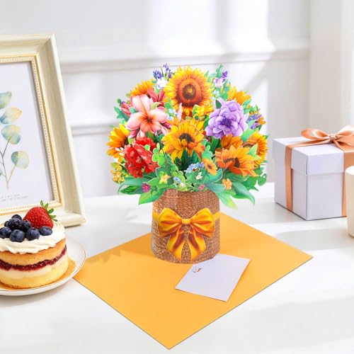Pop Up Flower Cards 3 Pack — 3D Floral Bouquet Pop Up Cards for Mom - Mothers Day Card, Birthday Card for Women, Get Well Card with Envelope - Tulip Sunflower Violet Paper Flower Bouquets - style: Tulip Sunflower Violet