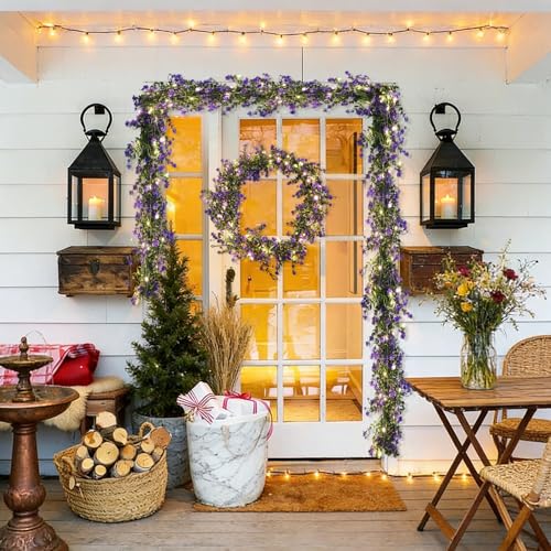 RECUTMS Faux Lighted Mantle Garland Artificial Hanging Greenery Fake Hanging Eucalyptus Leaves Vine with Lights Swag Garland for Indoor Outdoor Wall Party Mantel Wedding Table Arch Decor(Purple) - color: Purple With Lights