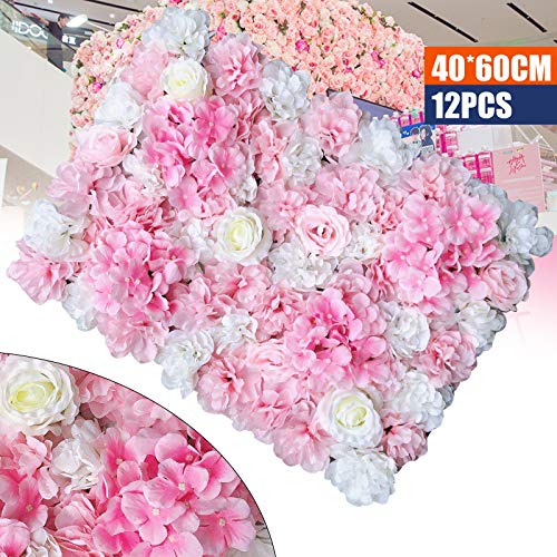 Artificial Silk Flower Wall, 12pcs Dark Pink and White, Wedding & Candy Wall, 23.62 x 15.74in - color: Dark Pink and White