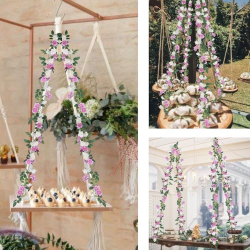 2 Pcs Artificial Flowers Garland for Outdoors Faux Gardenia Garland 12Ft Purple and White Silk Rose Hanging Vines Floral for Wedding Arch Party Wall Garden Ceremony Backdrop Fence Spring Decor - color: Purple and White
