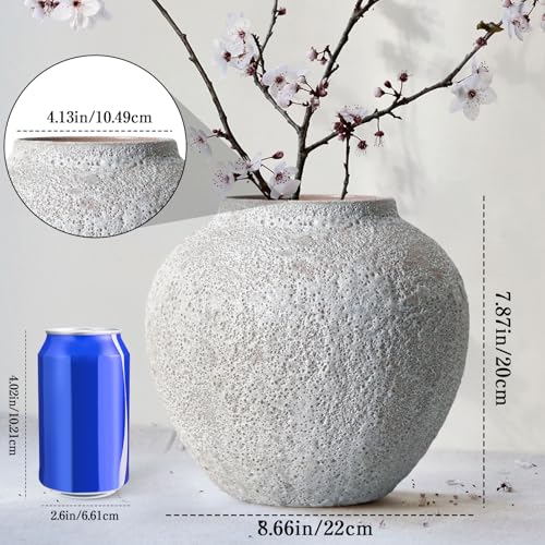 Rustic White Ceramic Vase Farmhouse Round Flower Clay Pottery Large Terracotta Floor Vases for Decorative Centerpiece Vintage Home Decor Aesthetic for Living Room Bedroom Table Entryway - size: 7.87In