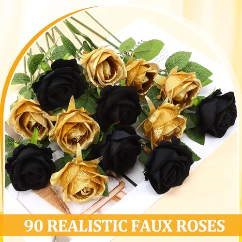 90 Pcs Gold, Black Velvet Rose Artificial Flowers with Long Stems, Fake Silk Roses Real Touch Fake Roses Florals for Birthday Wedding Bouquet Party Arrangement Decorations - color: Gold, Black