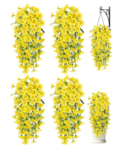 Artificial Hanging Flowers for Outdoors, 4 PCS UV Resistant Morning Glory Flowers with Eucalyptus Leaves, Silk Fake Flower Realistic Faux Plants for Home Patio Porch Garden Decor, Yellow - color: Yellow