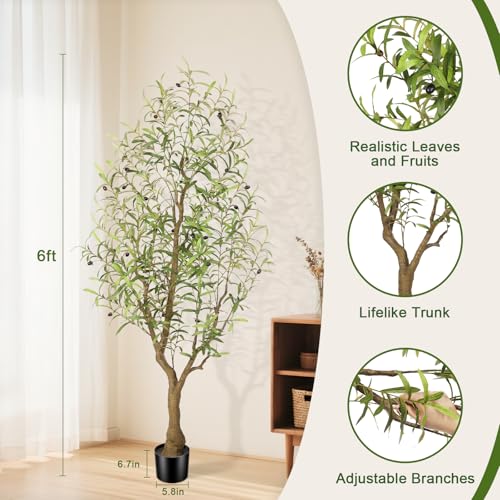 Faux Olive Tree 6FT, Olive Trees Artificial Indoor, Fake Tree with Realistic Leaves & Fruits for Home Office Living Room Decor - size: 6ft
