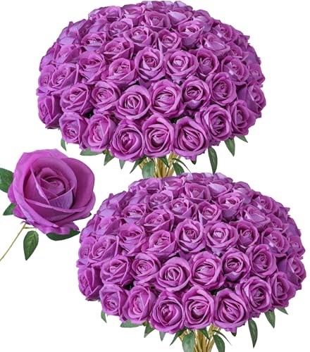 50 PCS Roses Artificial Flowers, Fake Roses with Stem Realistic Fuchsia Silk Roses for DIY Wedding Bouquets Table Centerpieces Arrangements Baby Shower Birthday Home Decor Valentine's Day Gift for Her - color: Fuchsia