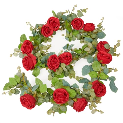 PONKING Flower Garland Artificial Rose Vine Flowers Hanging Fake Roses Vines for Wedding Birthday Party Valentines Christmas Room Wall Arch Decor, 2 Red Floral Garland Decorations, High Realistic - color: High Realistic Flower Red Vines 5.4ft