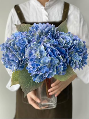 JINWOE Dark Blue Vintage Hydrangea Artificial Flowers,4Pcs 21" Boho Real Touch Artificial Hydrangea,Fake Silk Flowers for Dinning Tables Party Outdoor Home Cemetery Kitchen Wedding Bouquet - color: Dark Blue