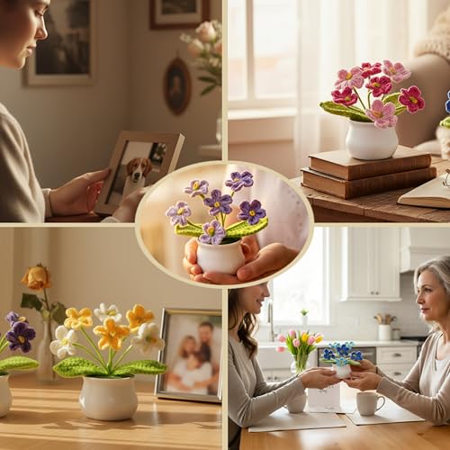 LAIDANLA Purple Crochet Forget Me Not Gifts, Mini Handmade Potted Flower | Birthday Graduation Anniversary Thinking of You Gifts for Women Teacher Mom Friend, Crochet Flowers Potted Plant for Desk - color: Ombre Purple
