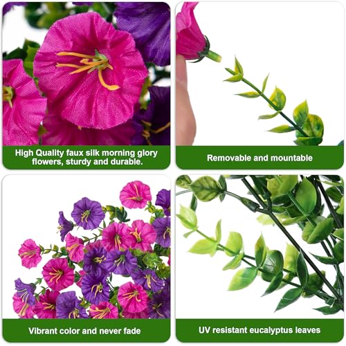 2 PCS Artificial Faux Hanging Flowers Plants for Outdoor Decor,Fake Silk Morning Glory with Eucalyptus UV Resistant Realistic Vines for Wall Home Porch Patio Balcony Yard Decor, Purple and Fuchsia - color: Purple+fuchsia