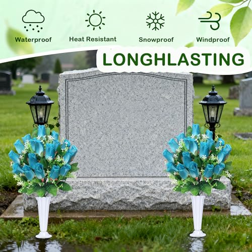 Cemetery Flowers for Grave,2Pack Memorial Roses Bouquets with Vase for Grave Tombstone Decorations(Deep Blue) - color: Deep Blue