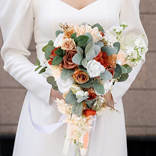 Wedding Bouquet, 11 Inch Terracotta Wedding Decor Artificial Flowers Bridal Bouquet Cascading Wedding Bouquets for Bride for Wedding Ceremony and Anniversary(Chic Terracotta) - color: Chic Terracotta