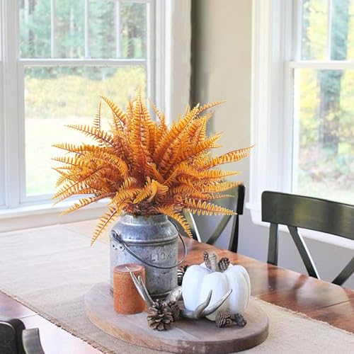 Uieke 48 Bundles Artificial Boston Fern Fall Plant Fall Decor Outdoor UV Resistant No Fade Faux Plastic Greenery Bushes for Home Fall Front Door Porch Garden Autumn Decor - color: Orange and Green-48 Bundles