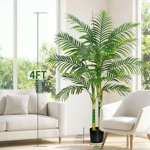 Artificial Palm Tree Indoor Plant Tall Fake Tropical Palm Tree in Pot with Real Bark Design Faux Areca Palm Tree for Home Office Living Room Bedroom Farmhouse Modern Outdoor Decor (13 Leaves 4 FT) - color: Black, size: 4FT