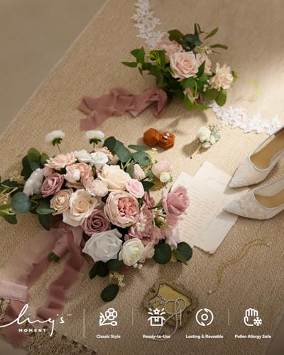Ling's moment Fake Flowers Box, Faux Artificial Greenery Stems Foam Roses Gardenia Silk Ranunculus Peony Fabic Flower for Centerpieces Bouquet Wedding Vase, Dusty Rose & Pale Peach, Grand Combo - color: Pk-dusty Rose & Pale Peach, size: Grand