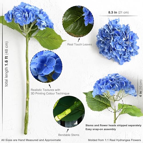 FiveSeasonStuff Real Touch Silk (Royal Blue) Hydrangea Flowers, 2 Large Long Stem Artificial Flowers for Floral Arrangements - color: Royal Blue (2 Stems)