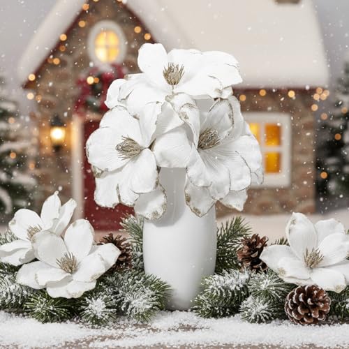 18 Pcs Large Velvet Christmas Poinsettia Magnolia Flowers Ornaments Glitter Big Heads Artificial Magnolia Flowers for Decoration Wedding Decor Supplies(White) - color: White