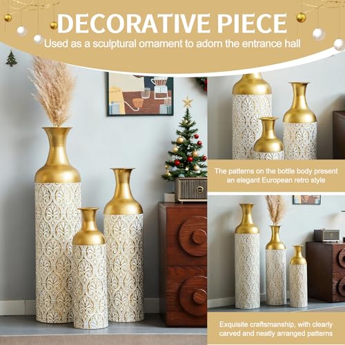 Tall Floor Vases Set of 3 for Decor Living Room Floor, White Vases Home Decor, Embossed Body Pattern, Geometric Cylinder (Gold 11) - color: Gold 11