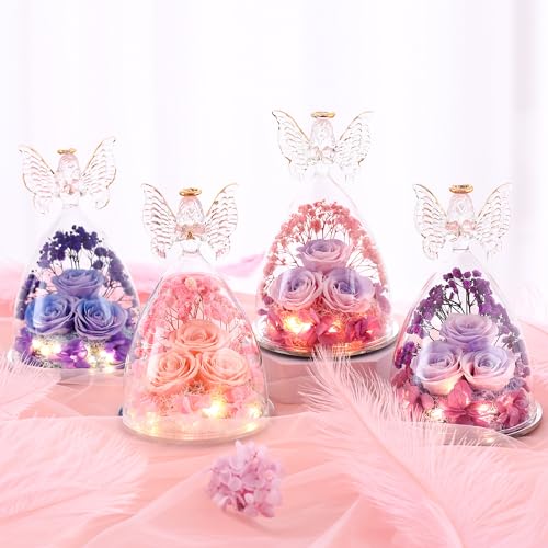 Mothers Day Rose Gifts for Women Preserved Real Flower in Glass Angel Figurines Roses for Delivery Prime Birthday Gifts for Mom Grandma Girlfriend Wife Her, BluePurple - color: Bluepurple