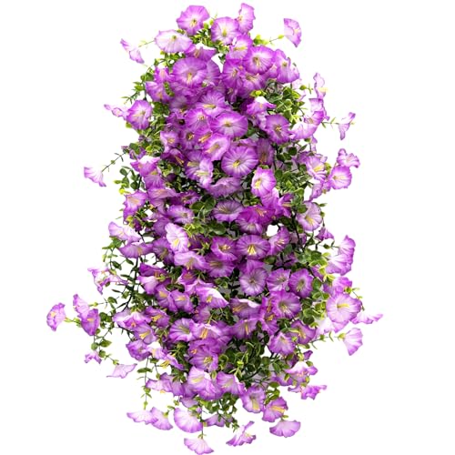 Artificial Flowers Garland 2PCS Purple Artificial Silk Morning Glory Vine Artificial Flowers Hanging Eucalyptus Garland for Wall Fence Arch UV Protected Indoor Outdoor Decor - color: Purple