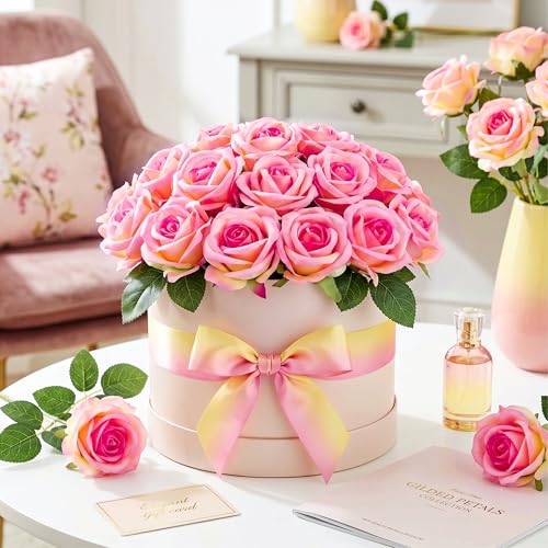 Auihiay 14PCS Yellow Pink Gradient Artificial Roses, Realistic Silk Fake Roses Flowers with Long Stem for Mother's Day, Wedding Centerpieces, Party & Home Decoration - color: Yellow Pink Gradient