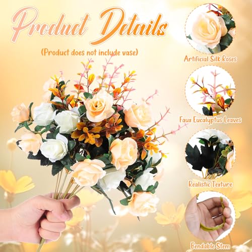 Hotop 12 Bunches of Artificial Flowers Centerpiece 13 Inches Silk Fake Roses Bouquets for Table Decoration Faux Arrangement Flowers for Wedding Cemetery Memorial Day (Champagne) - color: Champagne