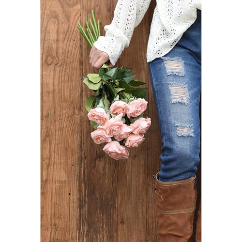 FiveSeasonStuff Real Touch Peach Pink Artificial Rose Stems, 12 Faux Flower Stems for Vase Arrangements, Soft Color Floral Styling - color: Peach Pink
