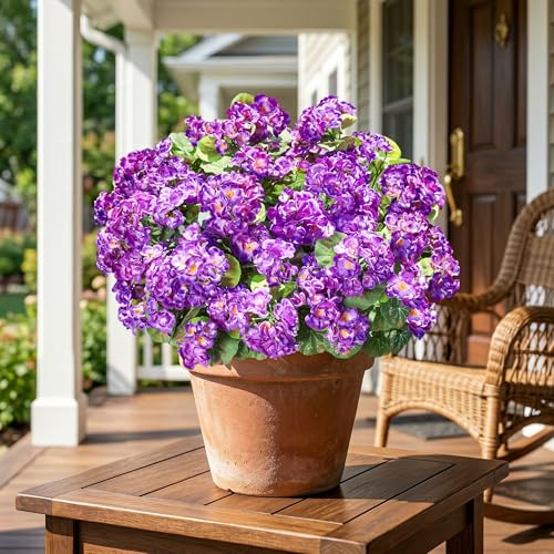 Fake Geraniums Artificial Flowers for Outdoors Outside, 6 Bundles Purple Silk Geraniums Fake Flowers Plants Realistic UV Resistant Faux Flowers for Outdoor Planters Garden Balcony Yard Porch Indoor - color: Purple