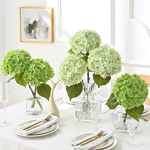MARTINE MALL 4Pcs 21in Hydrangea Artificial Flowers, Latex Real Touch Hydrangeas Lifelike Large Hydrangea Flowers for Home Decor Party Arrangements Wedding Bouquets Centerpieces (Light Green) - color: Light Green, size: 4Pcs