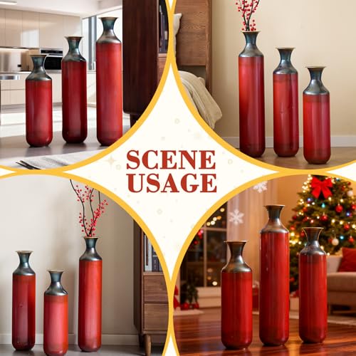 Floor Vases, Tall Home Decor Metal Vase Set of 3 Large Glazed Decorative Vases for Wedding Decor, Elegant Modern Flower Holder for Living Room, Entryway, Hallway - color: Gradient Red