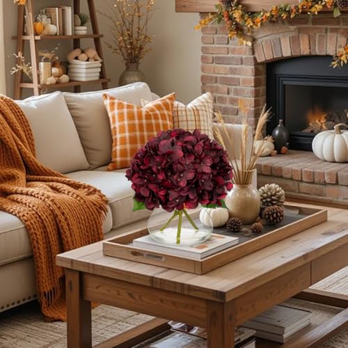 Hollyone Dark Red Fall Hydrangea Artificial Flowers for Decoration in Glass Vase Autumn Silk Faux Flower Arrangements with Faux Water Table Centerpiece Vase with Fake Flowers Fall Decorations for Home - color: Hydrangea, Dark Red