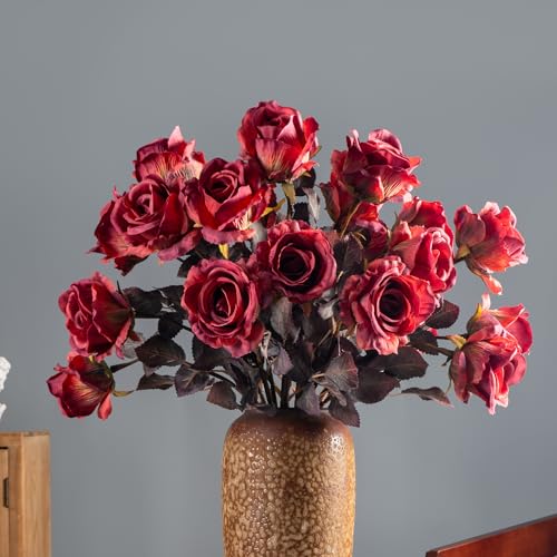 Artificial Flowers Artificial Roses 23.2In Fake Roses Long Stem Artificial Flowers for Tall Vase Silk Rose Suitable for Indoor Decoration Wedding Party Decor DIY Bouquet Autumn (20PCS,Red) - color: Red