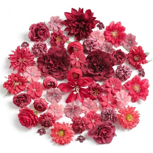 Artificial Flowers Heads Combo Red Flowers Mix Silk Flowers Heads Bulk Faux Rose for Craft Garland Graduation Cap Wedding Bridal Baby Shower Home Party Decoration DIY Cake Decor - color: Red