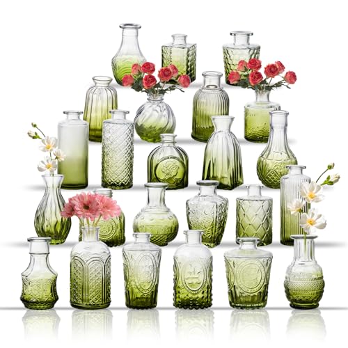 Glass Bud Vase Set of 24, Small Flower Vases, Glass Vases for Centerpieces, Vintage Home Table Decorations Bud Vases (24 Pcs, Green) - color: Green, size: 24 Pcs