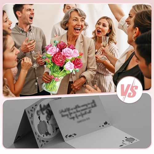Airpark 3D Pop Up Paper Flowers Bouquet Card 12’‘ with Note & Envelope, Birthday Gifts, Anniversaries, Get Well, Thank You, Greeting Cards for Women Mom Wife Friends, Red Rose - style: Roses